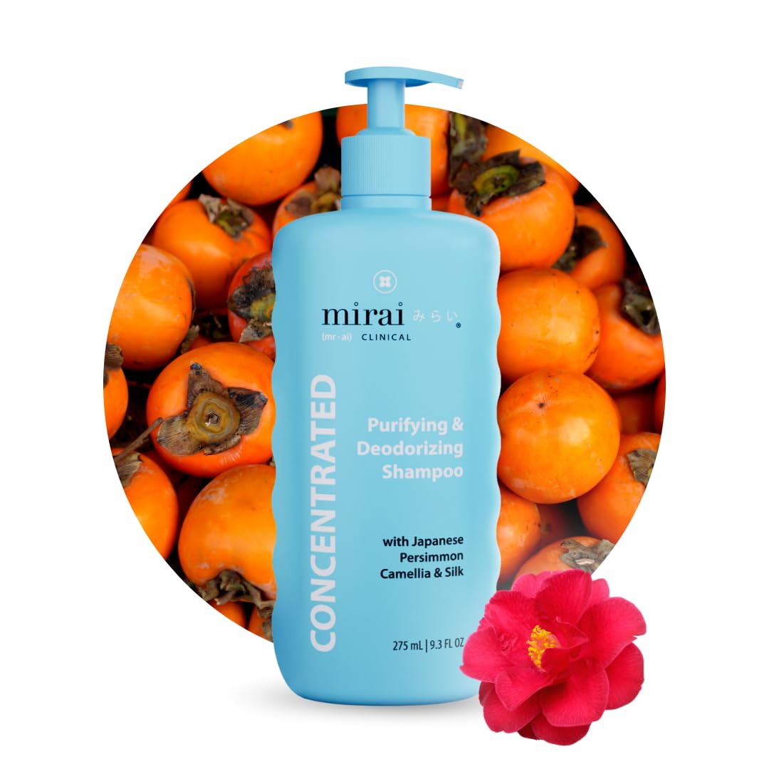 Mirai Persimmon Shampoo bottle on counter showing color-safe cleansing.