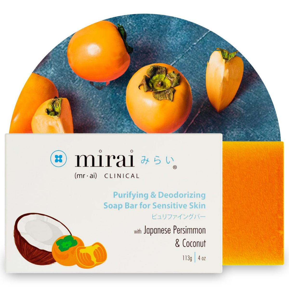 Mirai Persimmon Soap Bar packaging highlights eco-friendly design and freshness.