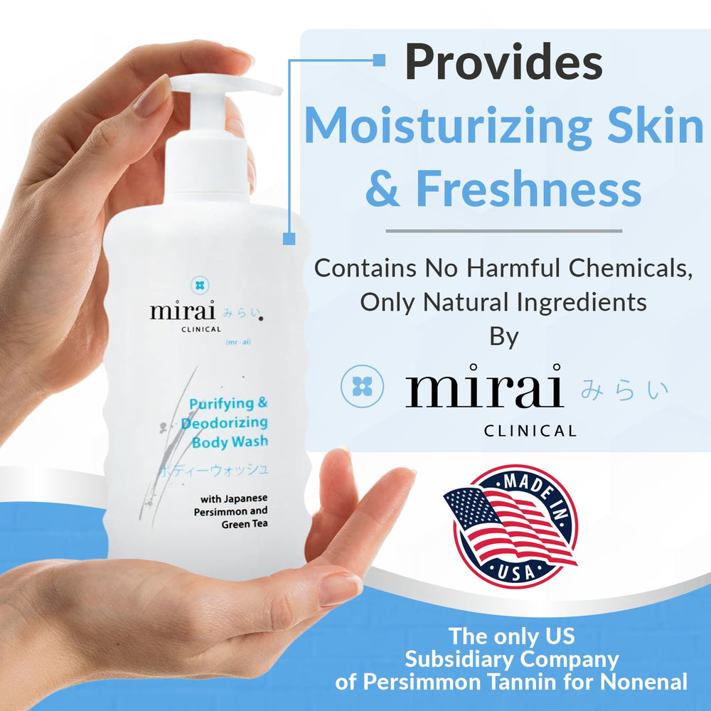 Shower scene with Mirai Body Wash, suggesting shared use for family routines.