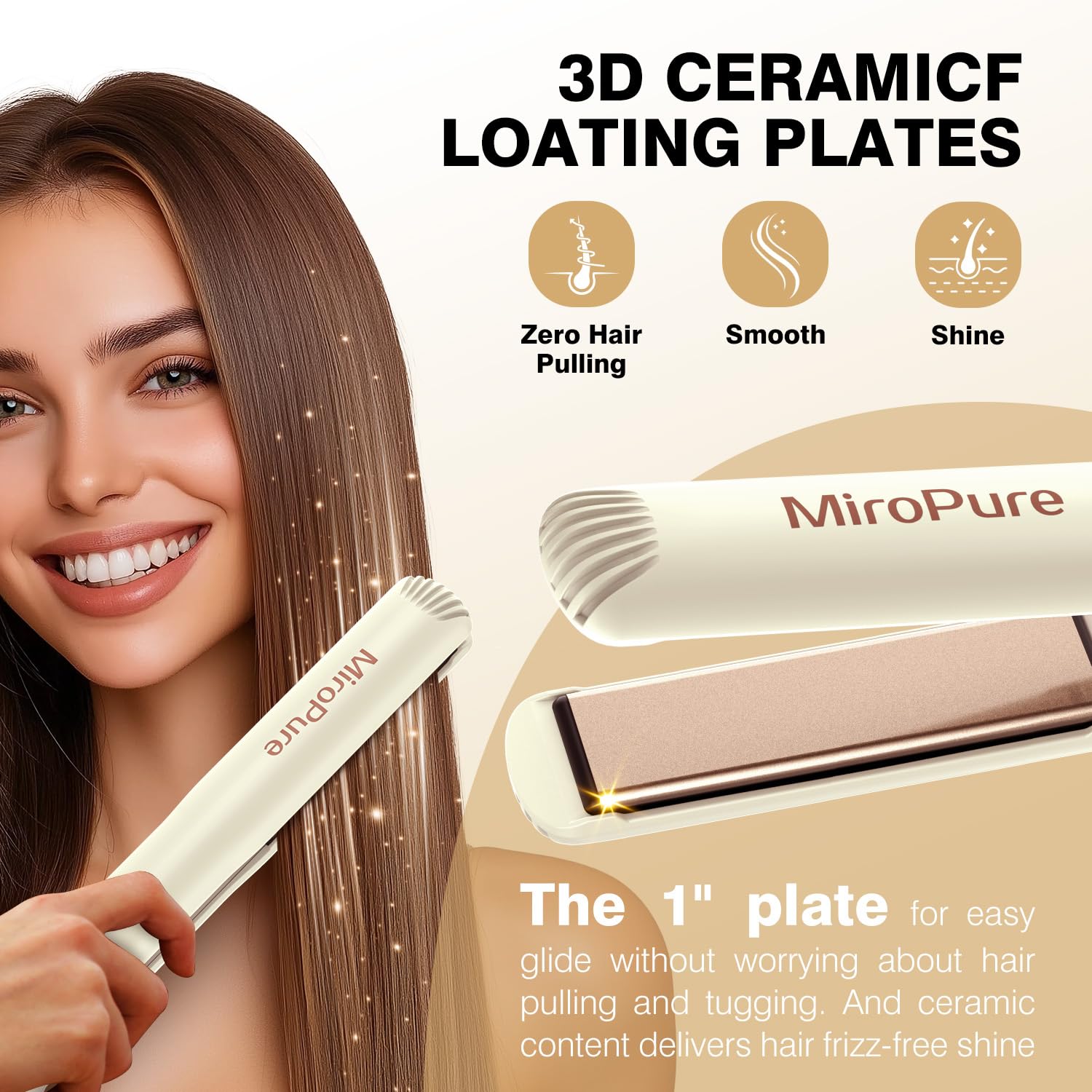 MiroPure beige straightener features auto shut-off for safe storage.