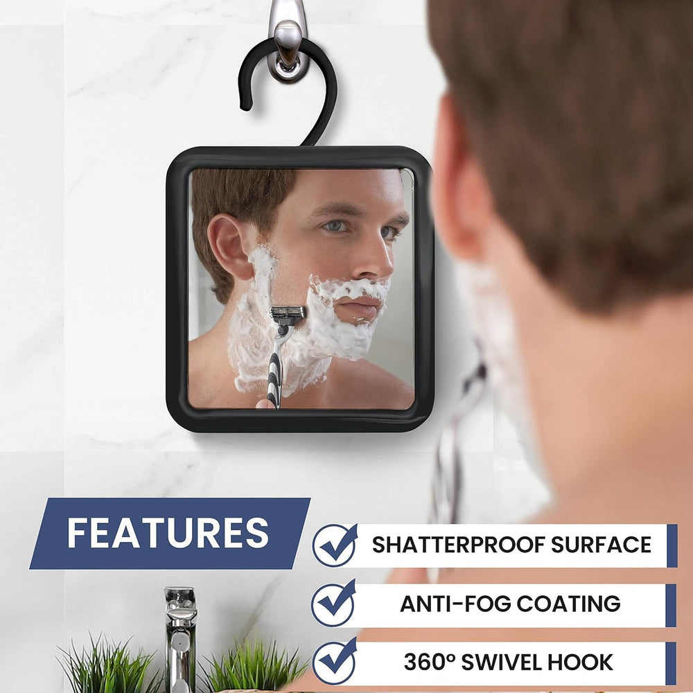 Mirrorvana 360-degree rotatable hook provides hands-free positioning in the shower.