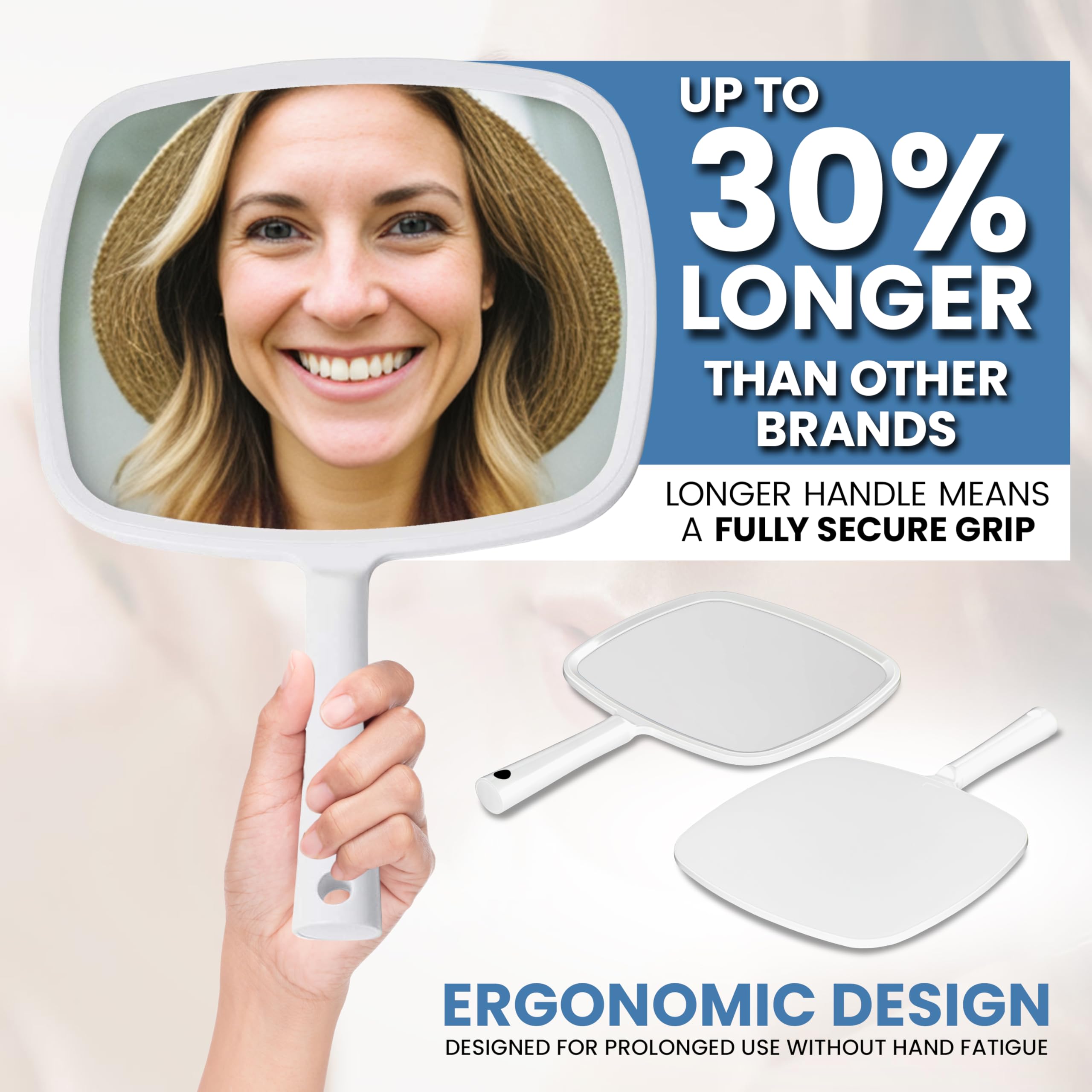 MIRRORVANA hand mirror ergonomic-grip ensures comfortable hold during extended routines.