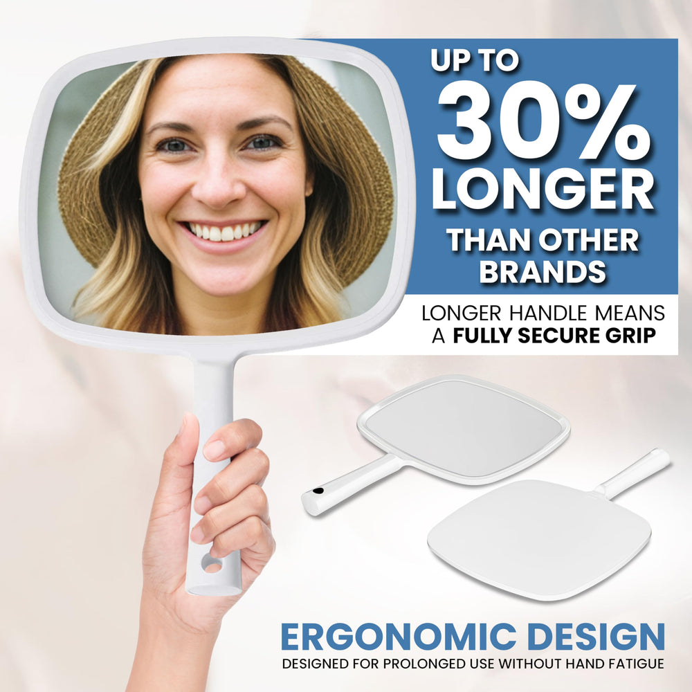 MIRRORVANA hand mirror ergonomic-grip ensures comfortable hold during extended routines.