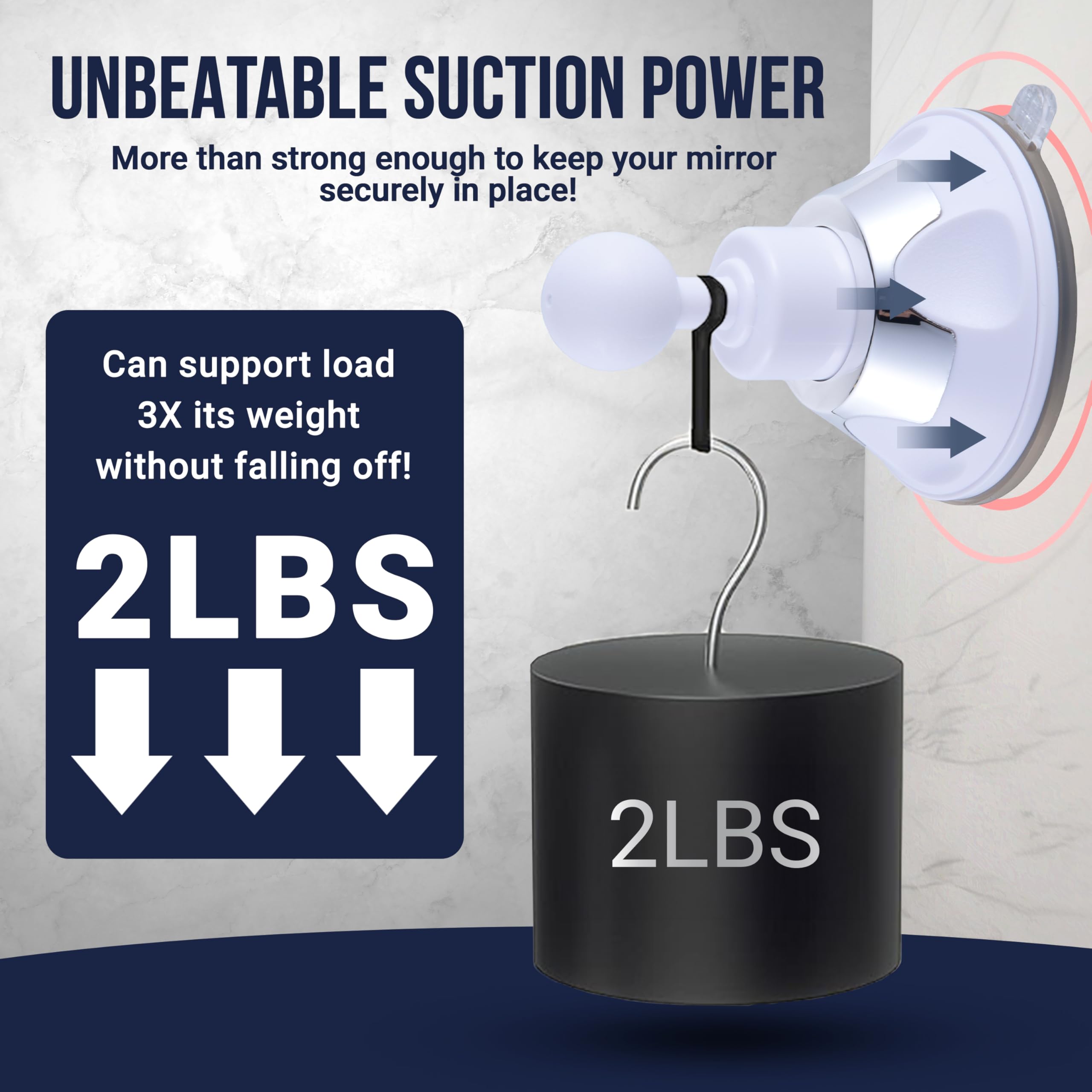 Mirrorvana upgraded suction cup on a smooth bathroom surface.