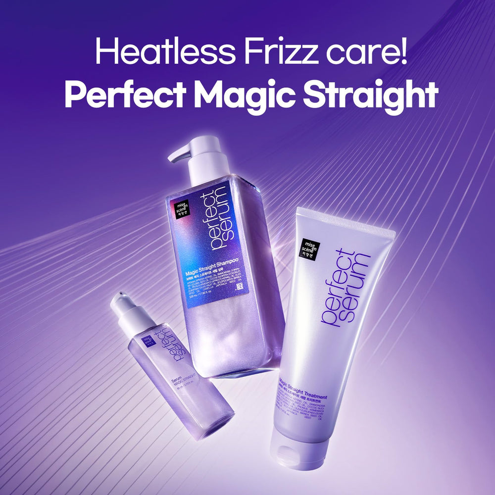 Mise En Scene Perfect Serum Magic Straight closeup shows smooth texture and shine.