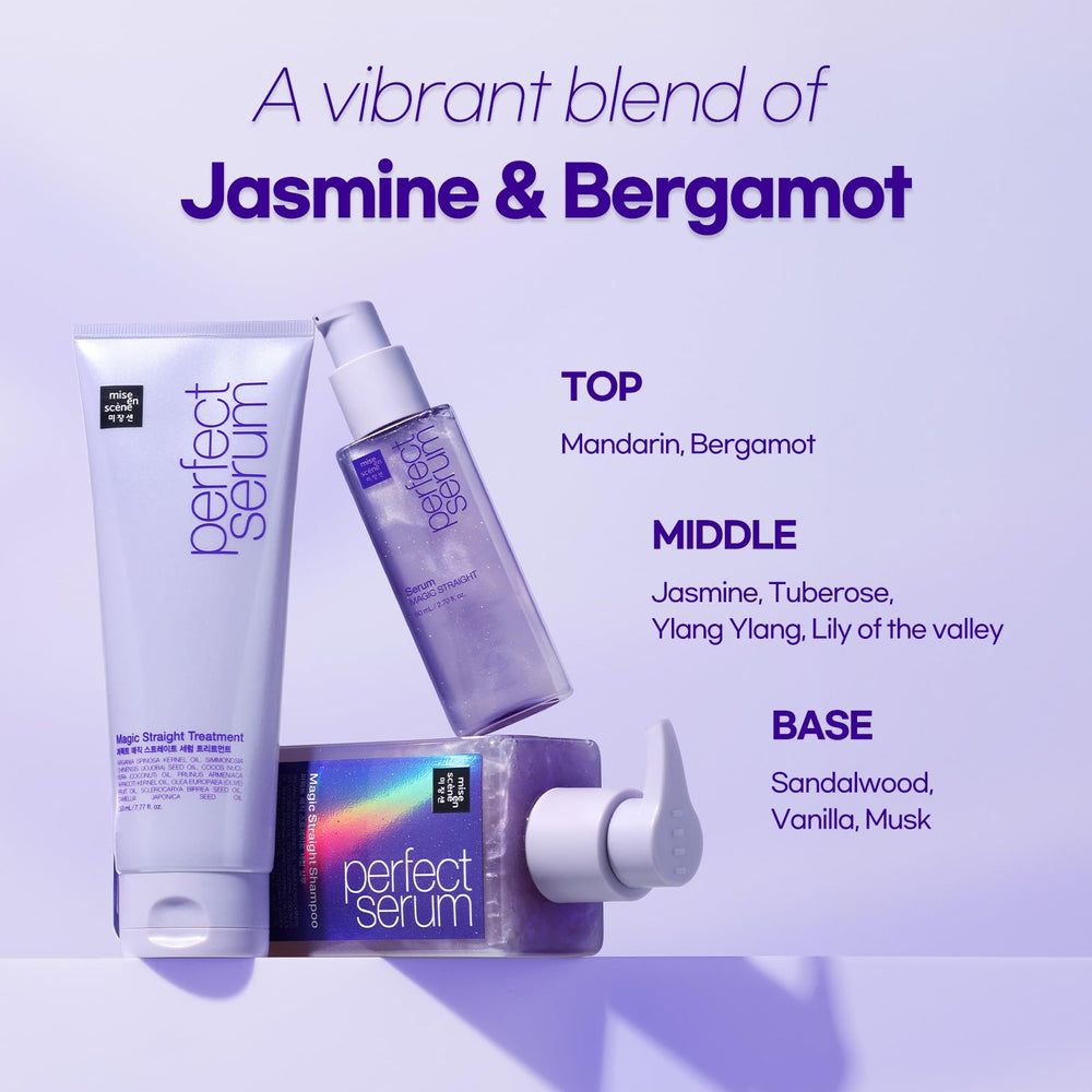 Mise En Scene Perfect Serum Magic Straight frizz-control shot illustrates tame strands.