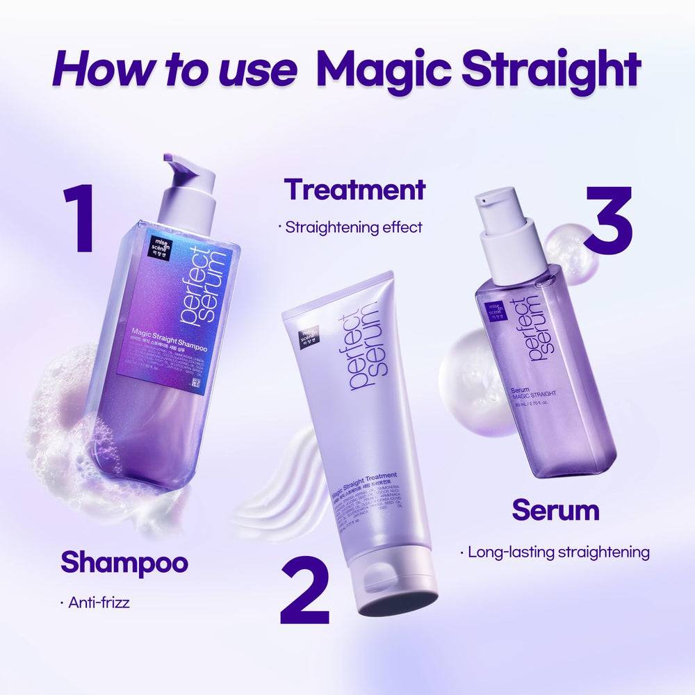 Mise En Scene Perfect Serum Magic Straight styling-gloss shot suggests a sleek finish.