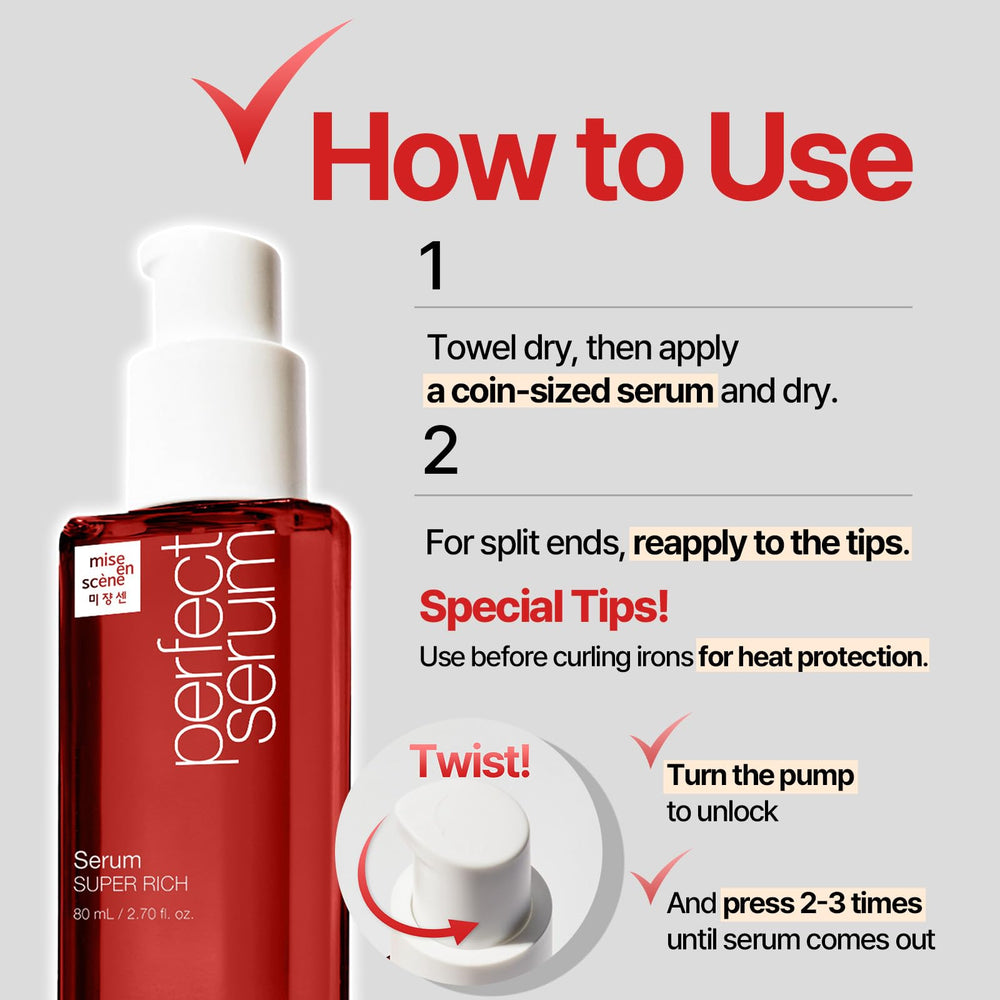 Mise En Scene Perfect Serum oil blend shown for natural hair nourishment.