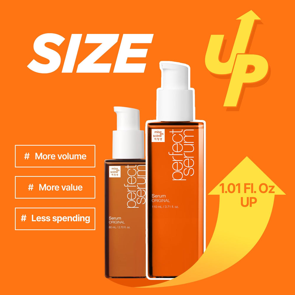 Mise En Scene Perfect Serum Original silky-hair-glow highlights enhanced luster and manageability.