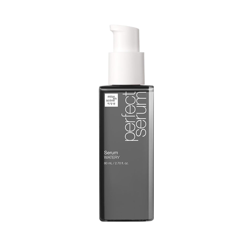 Mise En Scene Perfect Serum Watery en bote, hidratación ligera para el cabello diario.