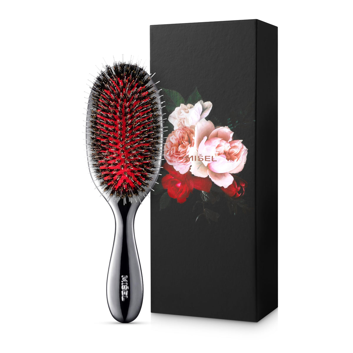 Misel professional boar bristle brush for gentle detangling.