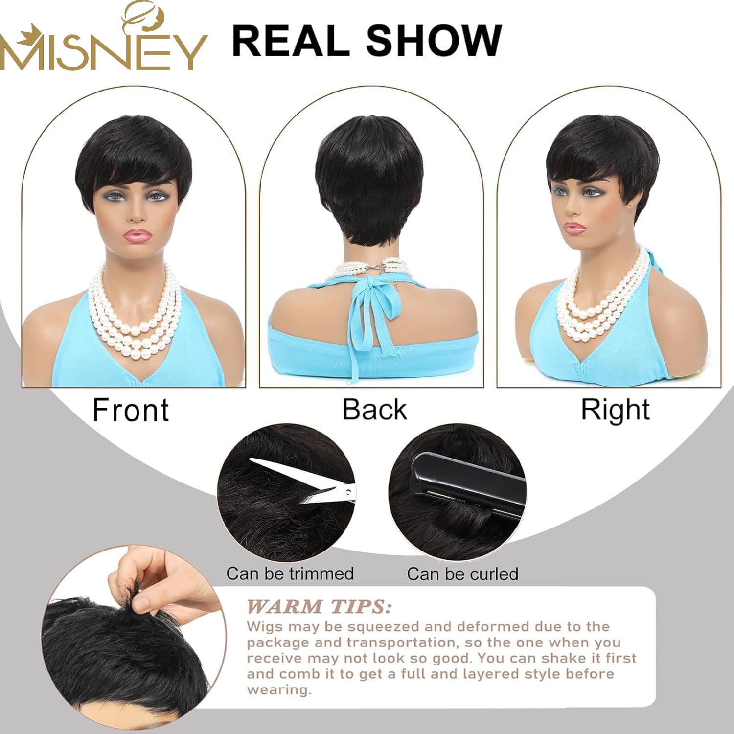 MISNEY Pixie Cut Wig side view highlights layered style for versatile looks.
