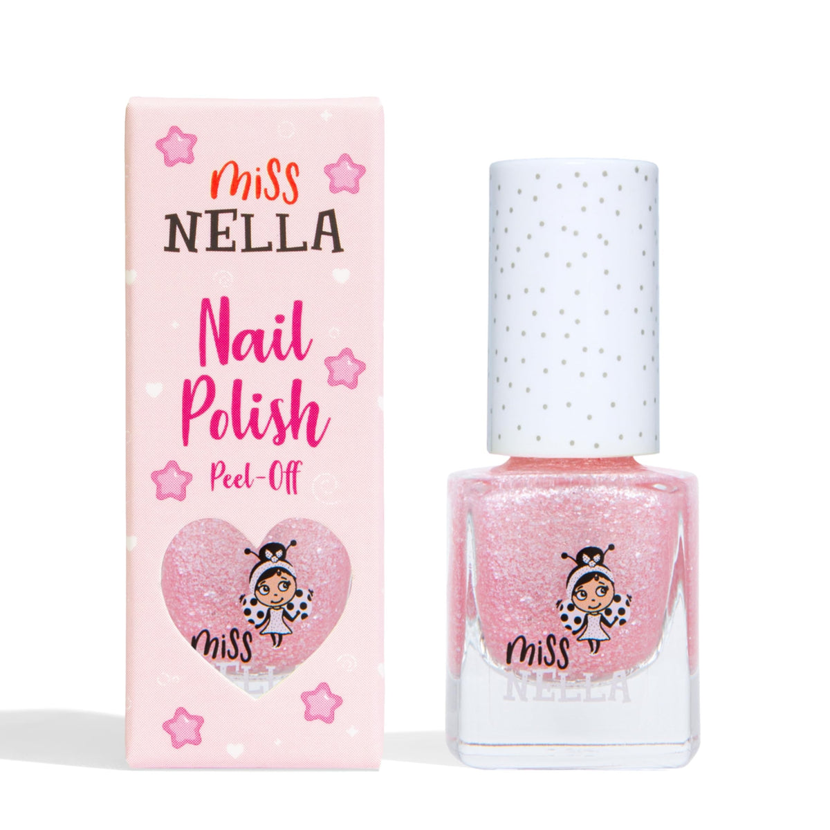 MISS NELLA Itsy Glitsy Hippo bottle closeup showing kid safe glitter pink finish