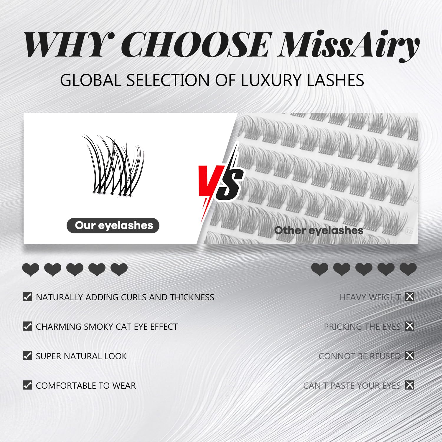 MissAiry Velure Lash Clusters wispy texture for natural-looking fullness.