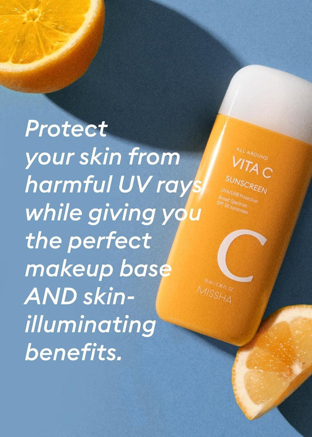 Missha All Around Vita C protector solar acabado ligero en piel.