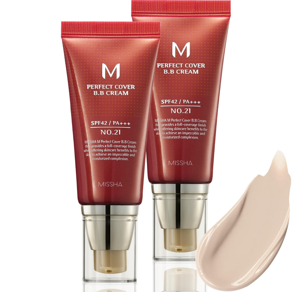 MISSHA M Perfect Cover BB Cream dual-pack No.21 bottle showing smooth texture for everyday coverage