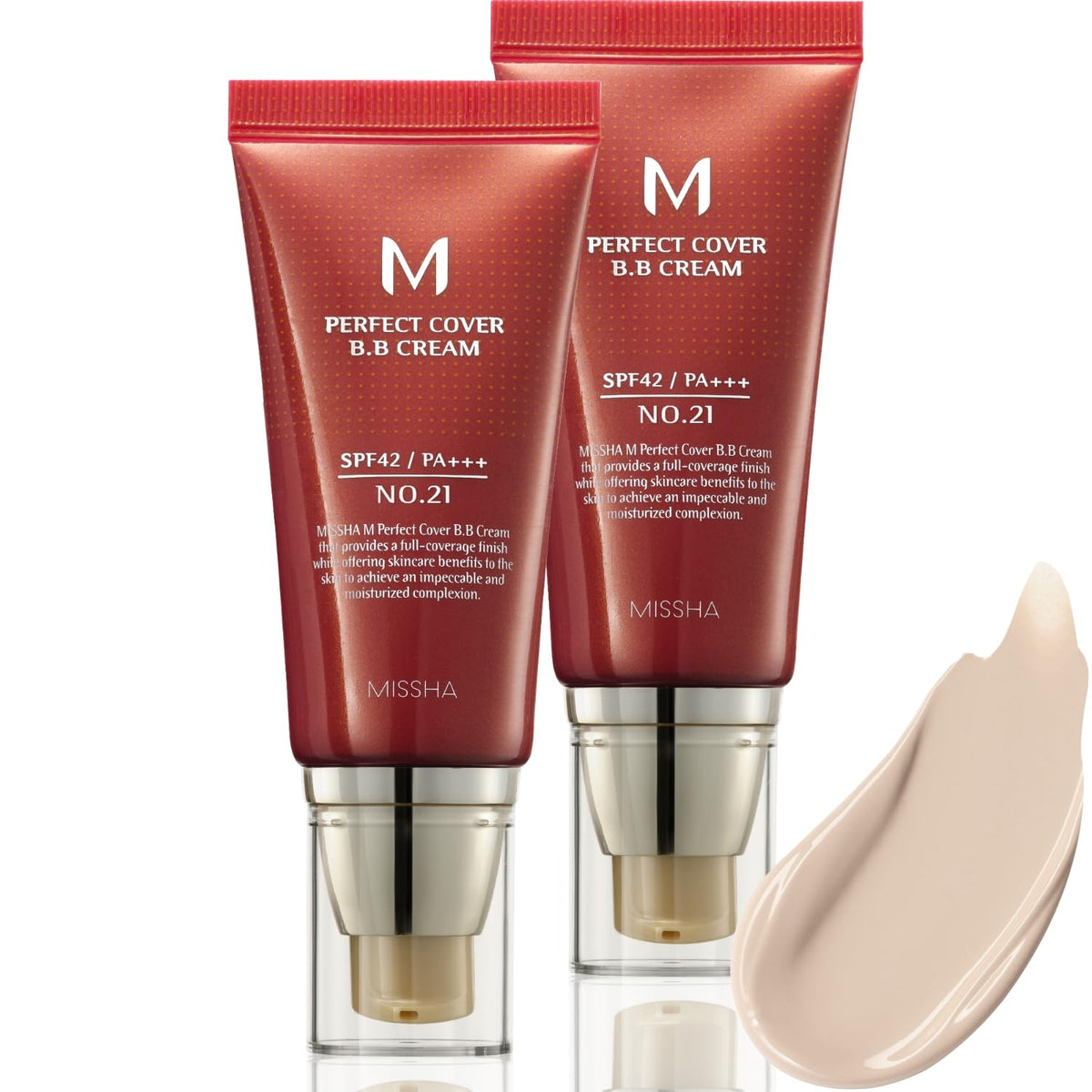 MISSHA M Perfect Cover BB Cream dual-pack No.21 bottle showing smooth texture for everyday coverage