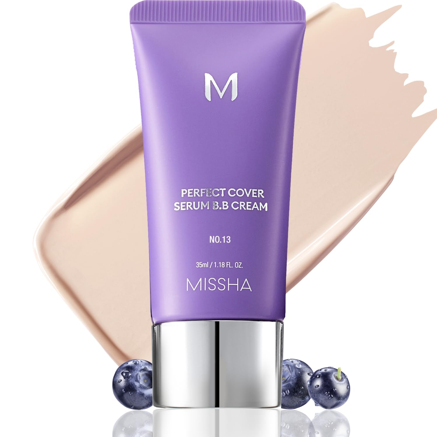 MISSHA M Perfect Cover Serum BB Cream No.13 swatch shows natural glow and light coverage.
