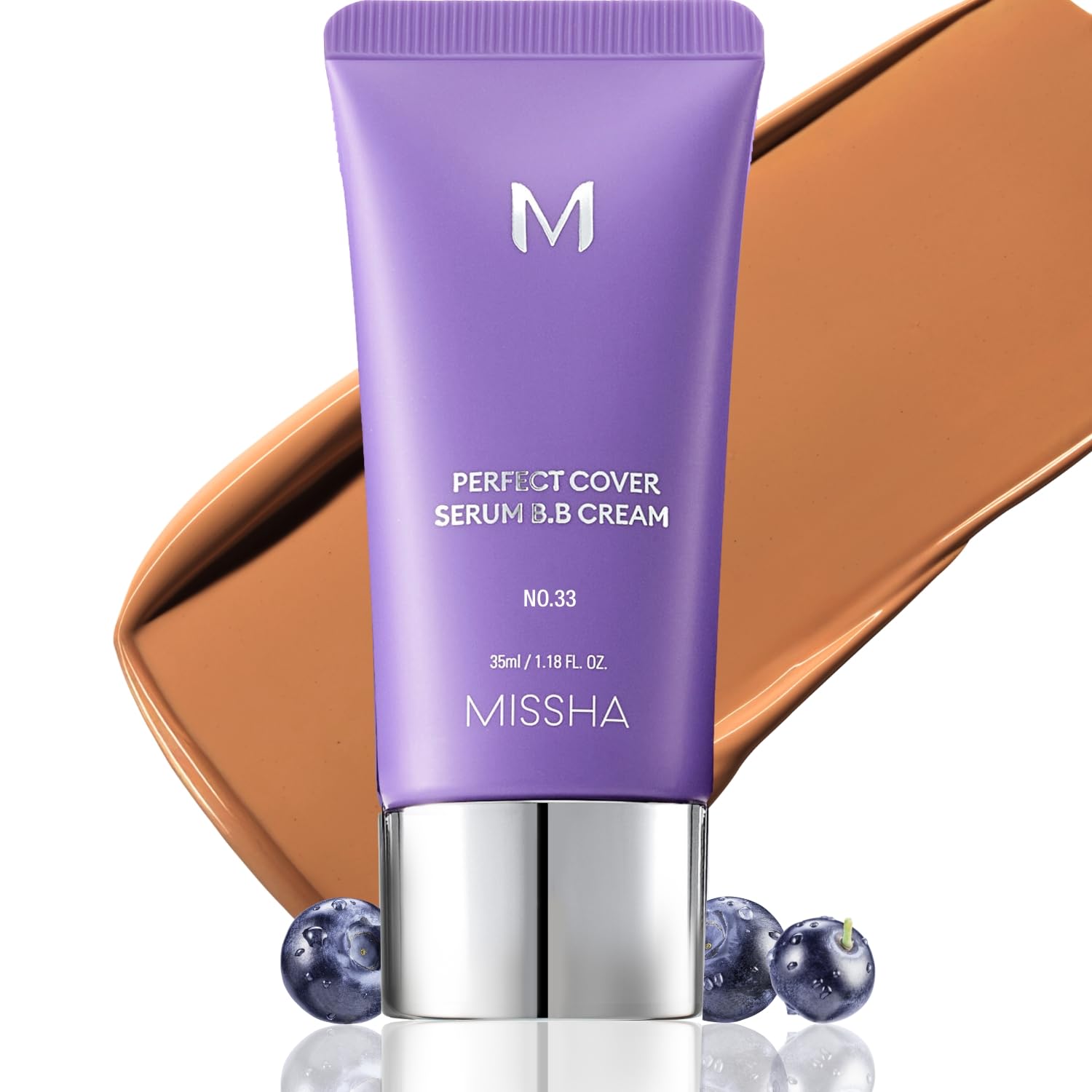 MISSHA M Perfect Cover Serum BB Cream No.33 Tan bottle for lightweight hydration and natural coverage.