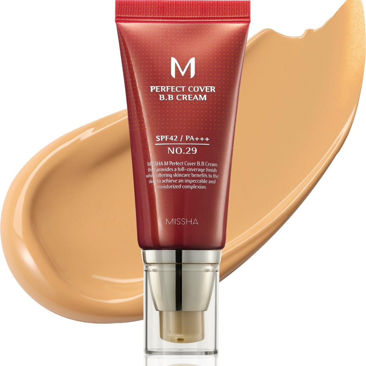 Missha M Perfect Cover BB Cream tono 29 Caramel Beige en bote, cobertura natural.