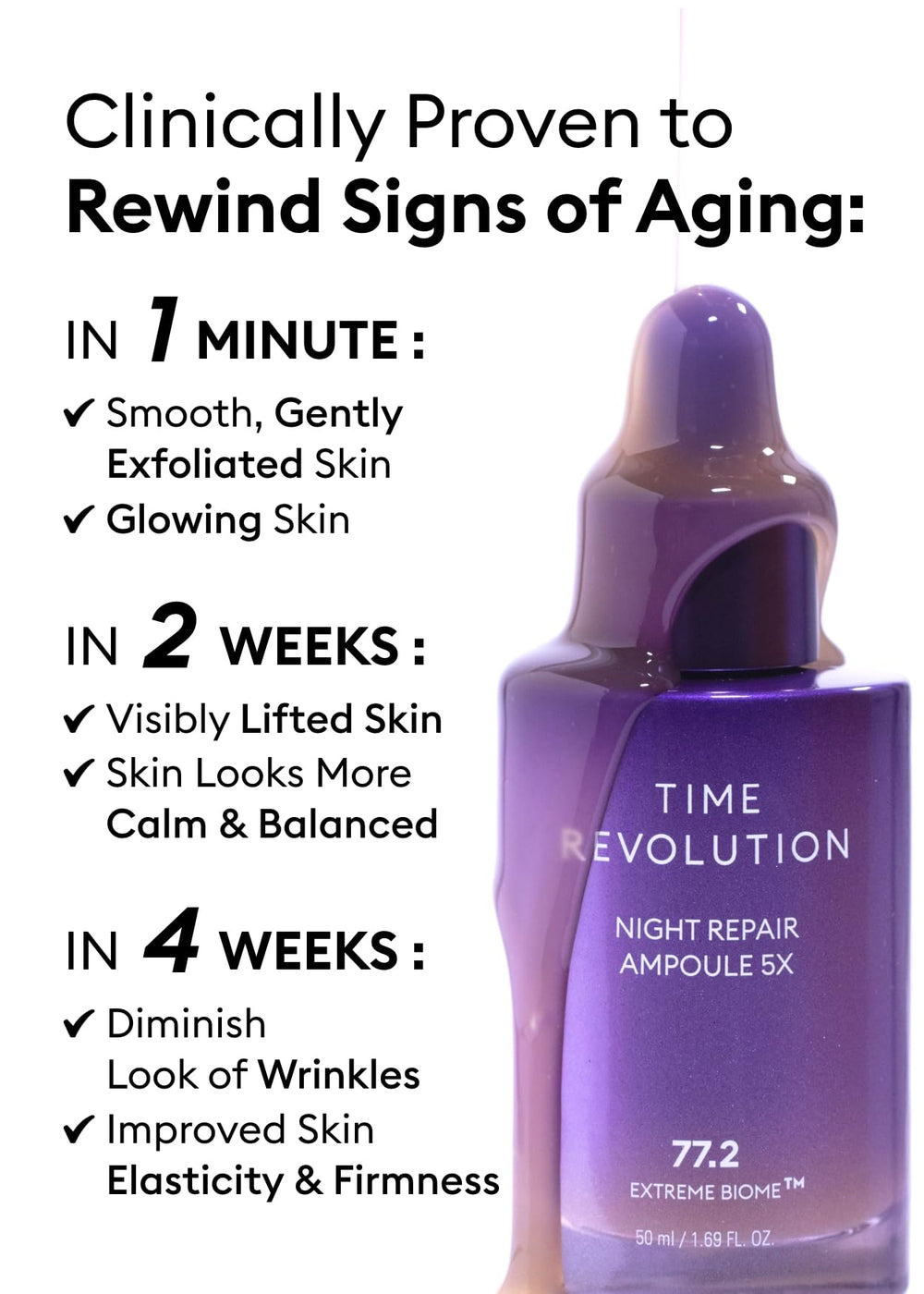 MISSHA Time Revolution Night Repair serum night-use image showing improved texture by morning glow.