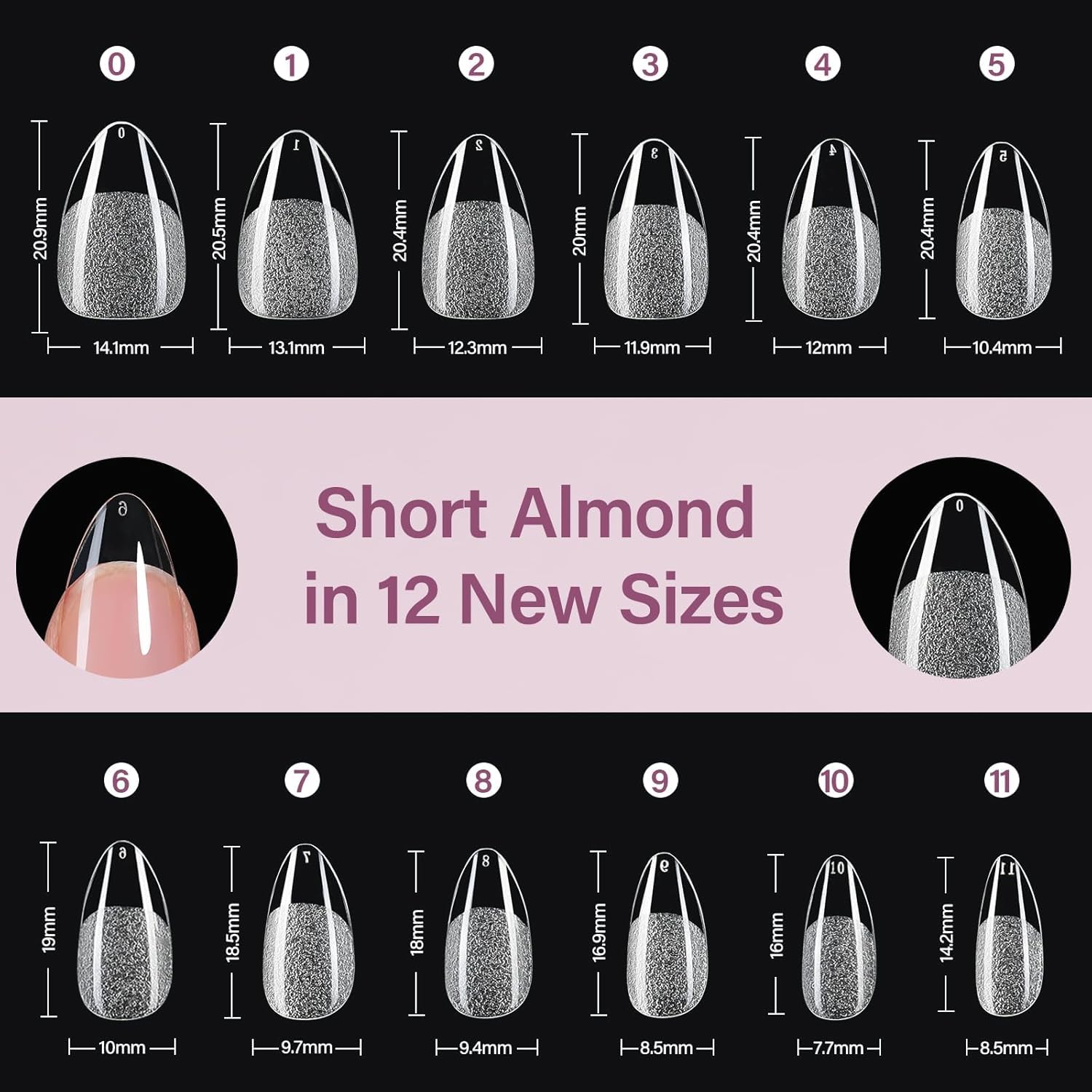 Misssix hand with short almond nails ready to wear.