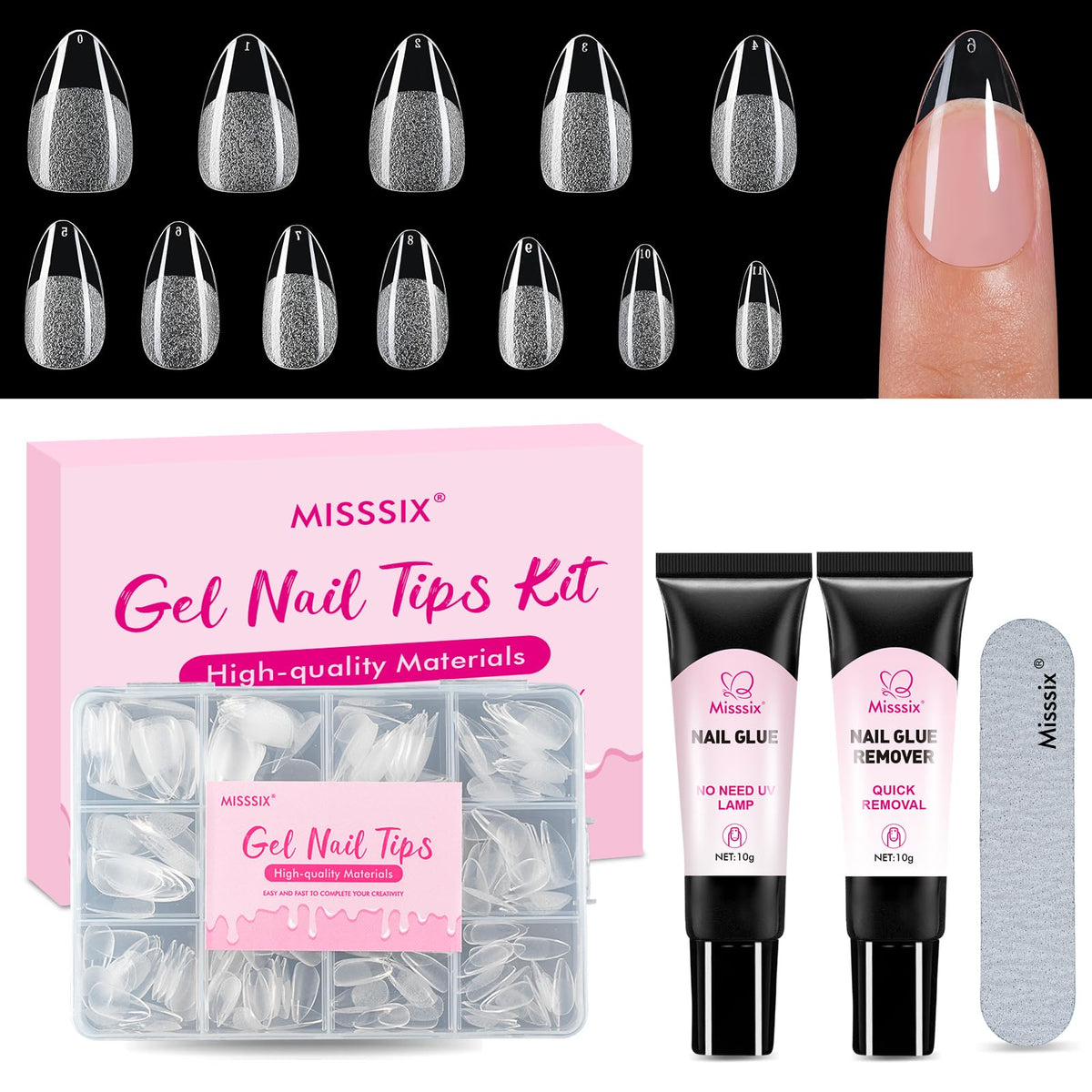 Misssix short almond nail tips kit for at-home gel manicures.