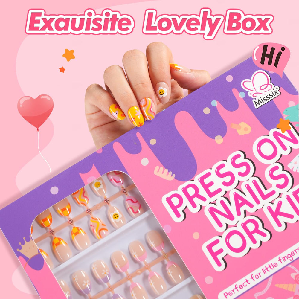 Misssix uñas con motivos florales coloridos para disfraces y fiestas infantiles.