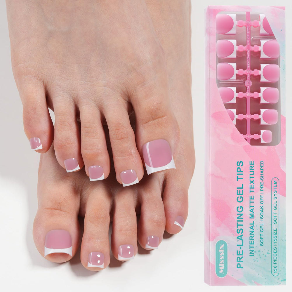 Misssix uñas frances para dedo-pie, diseño elegante de punta blanca.