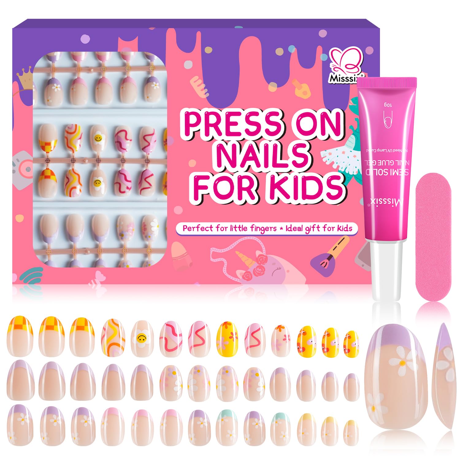 Misssix uñas postizas para niñas, colección de 78 piezas, cómodo para juego diario.