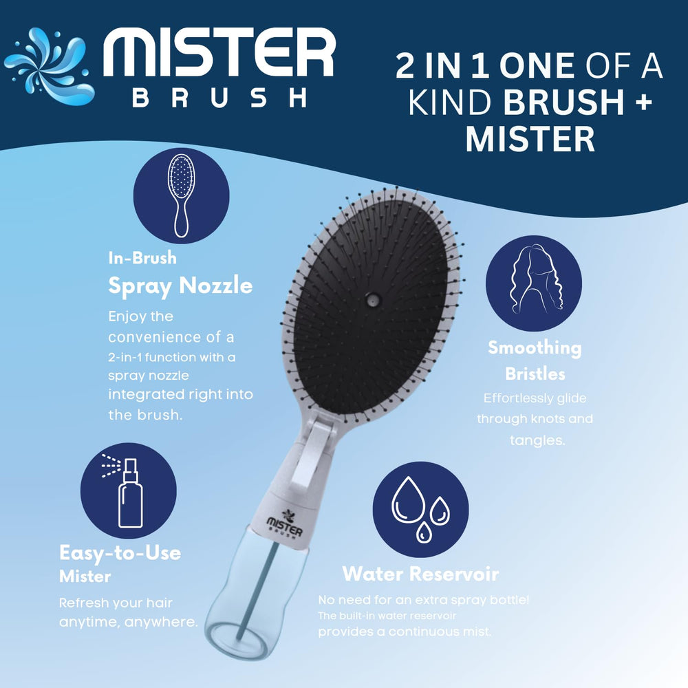 Mister Brush built-in-spray-nozzle delivers an even mist for refreshed styling.