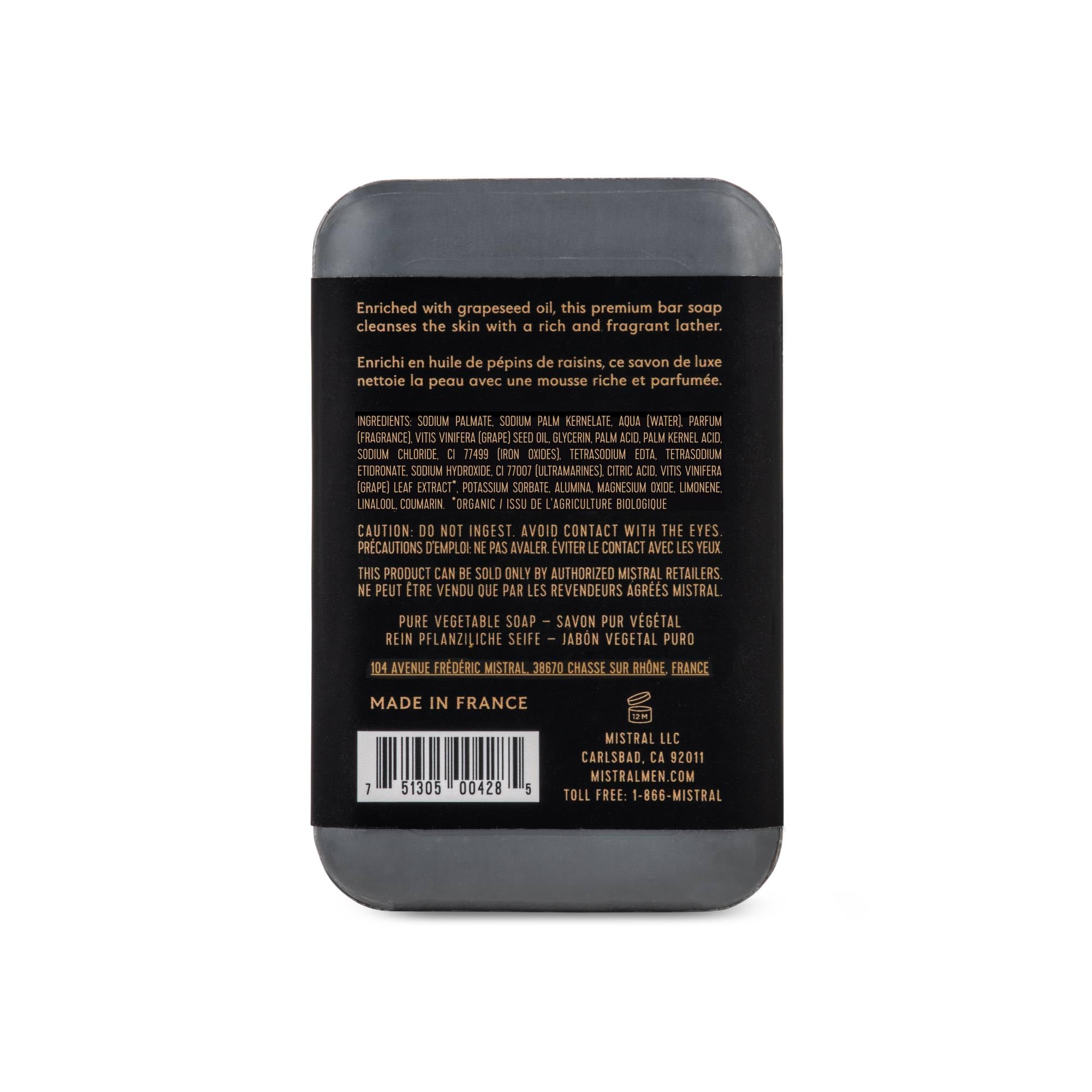 Mistral Black Amber bar soap lather closeup reveals rich foam and enduring fragrance