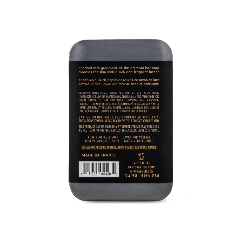 Mistral Black Amber bar soap lather closeup reveals rich foam and enduring fragrance