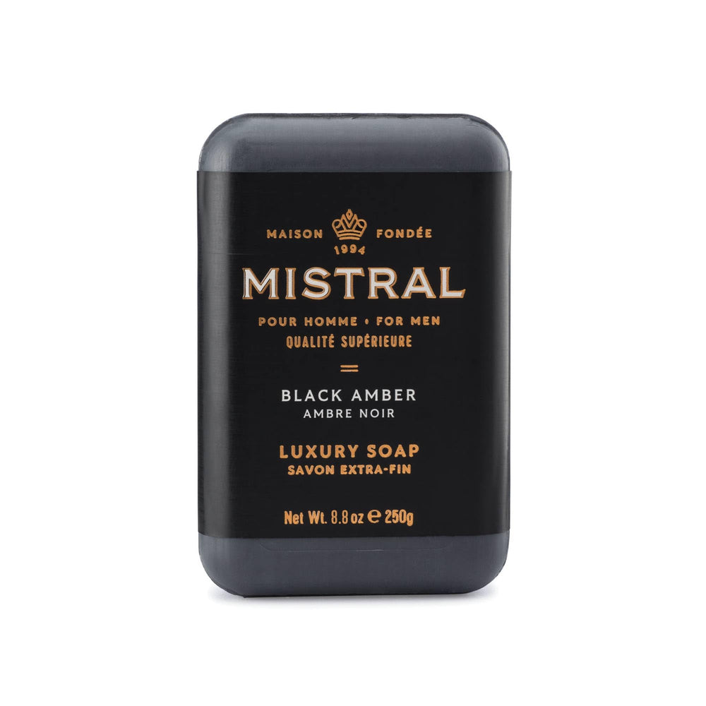 Mistral Black Amber bar soap wrapping highlights premium presentation for a refined grooming routine