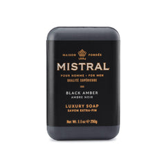 Mistral Black Amber bar soap wrapping highlights premium presentation for a refined grooming routine