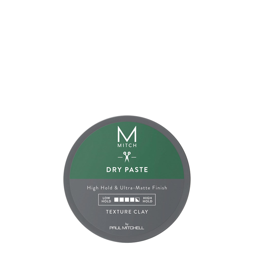 MITCH Dry Paste Texture Clay jar highlights ultra-matte finish for sculpted looks.