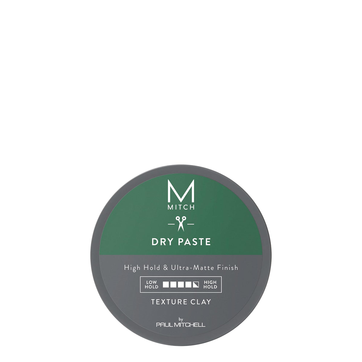 MITCH Dry Paste Texture Clay jar highlights ultra-matte finish for sculpted looks.
