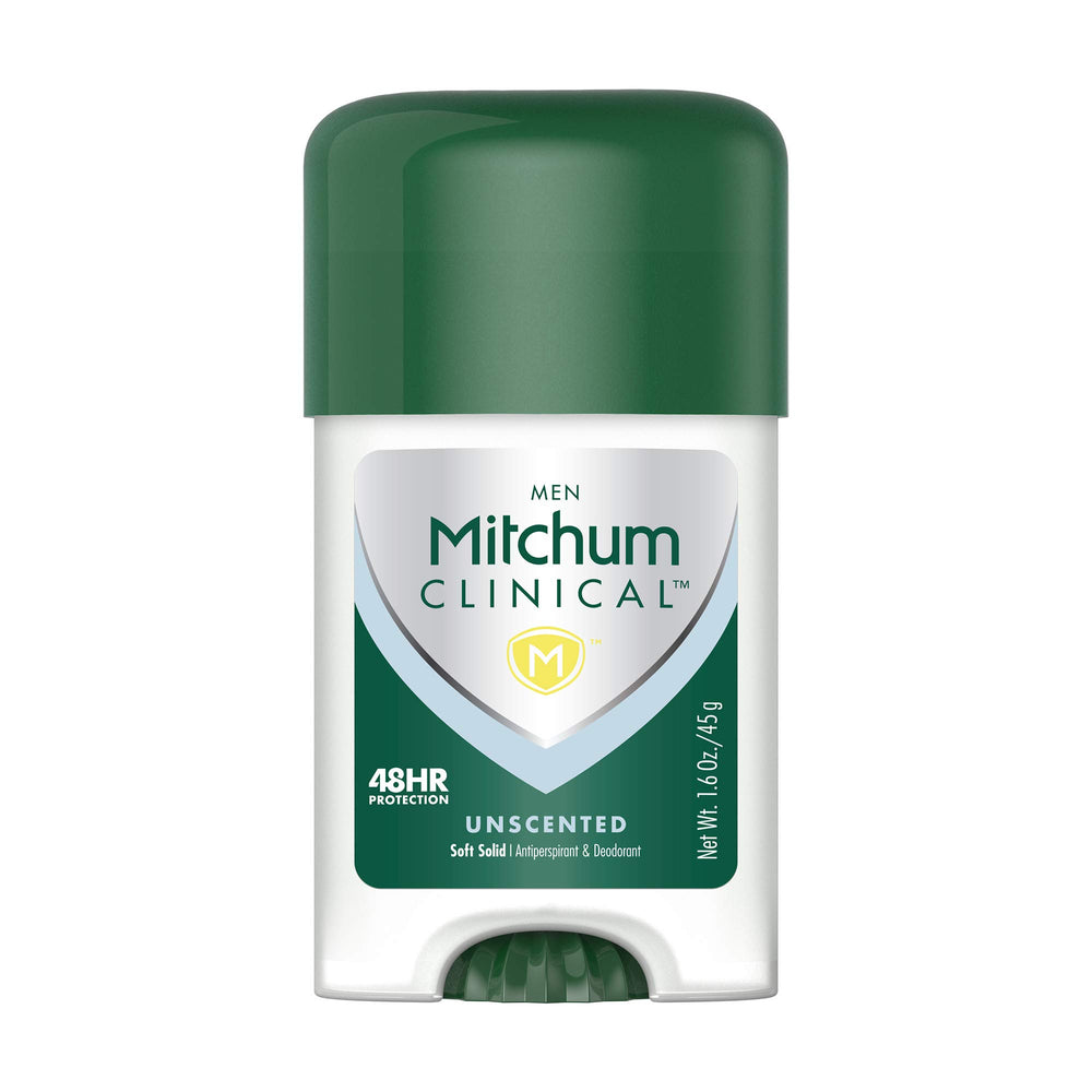 Mitchum desodorante clínico sólido suave, aplicación fácil para uso diario y control de sudor.