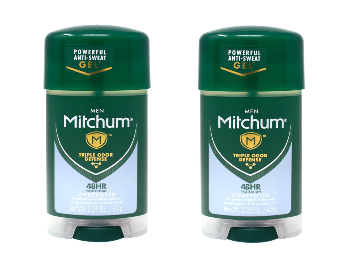 Desodorante Mitchum gel sin perfume, botella visible, protección de humedad todo el día.