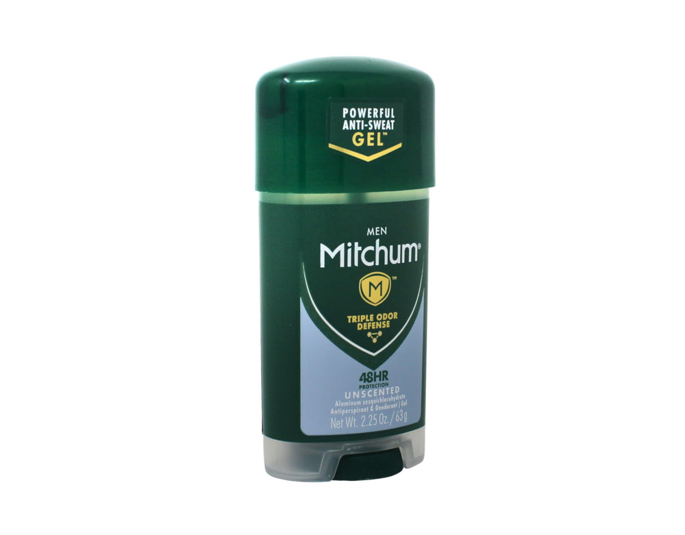 Desodorante Mitchum gel sin perfume, aplicación en bolsa, ideal para viaje.