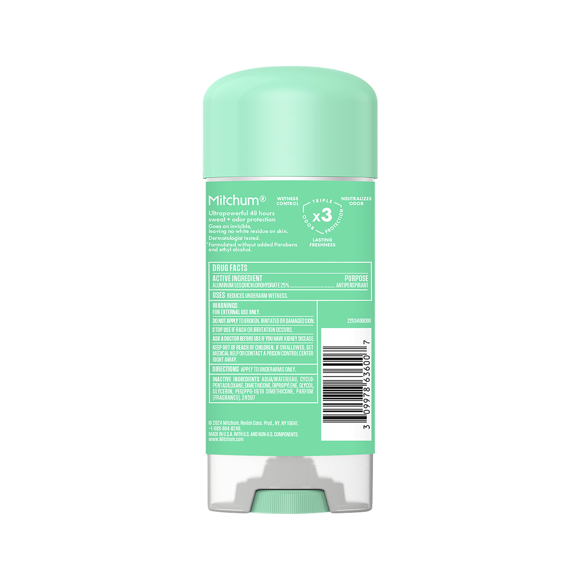 Mitchum packaging front view emphasizes alcohol-free, dermatologist-tested design.