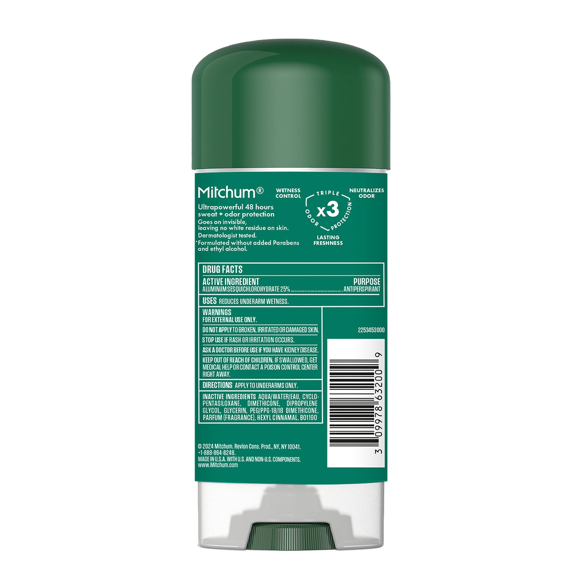 Mitchum paraben-free label highlights safe, fragrance-free protection.
