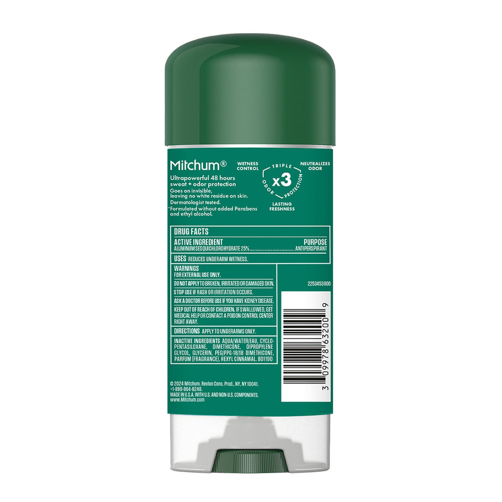 Mitchum paraben-free label highlights safe, fragrance-free protection.