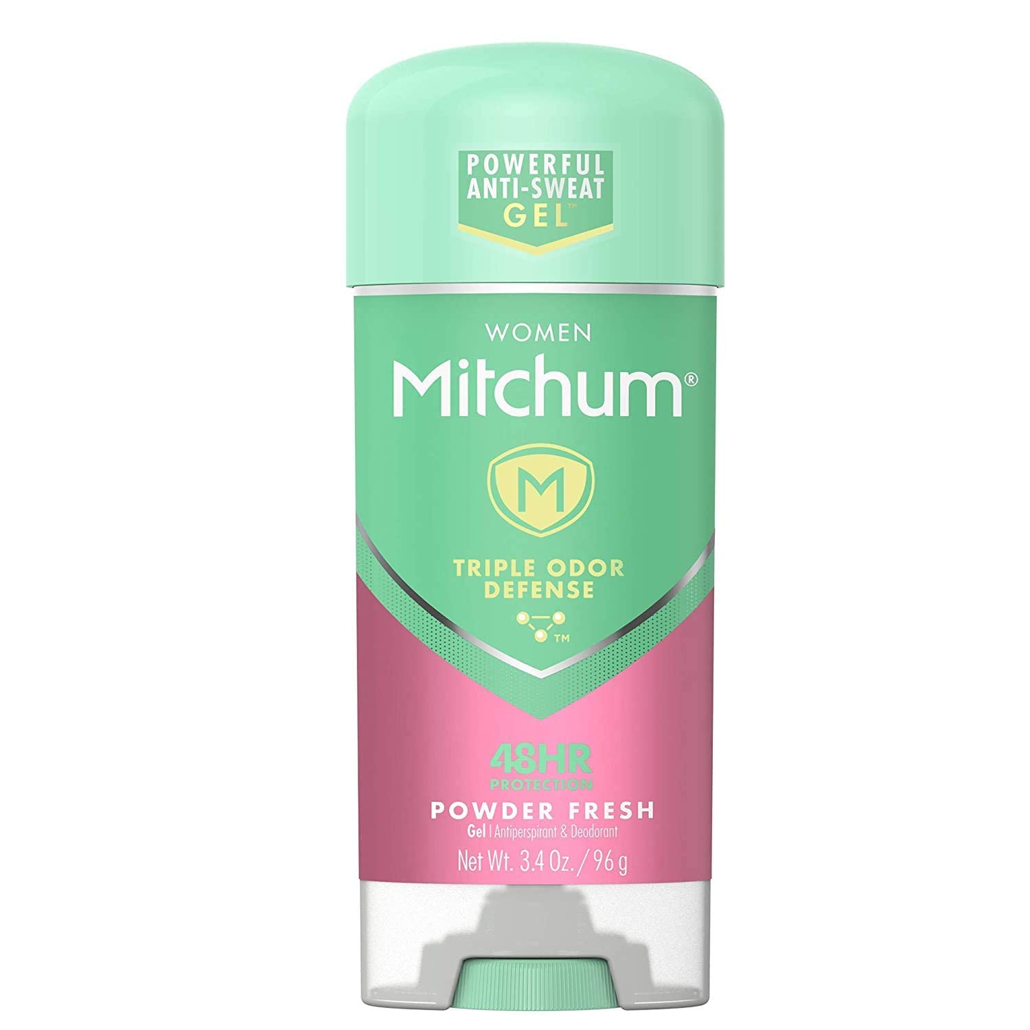 Display of Mitchum Power Gel Women four-pack with Powder Fresh scent for all-day freshness.