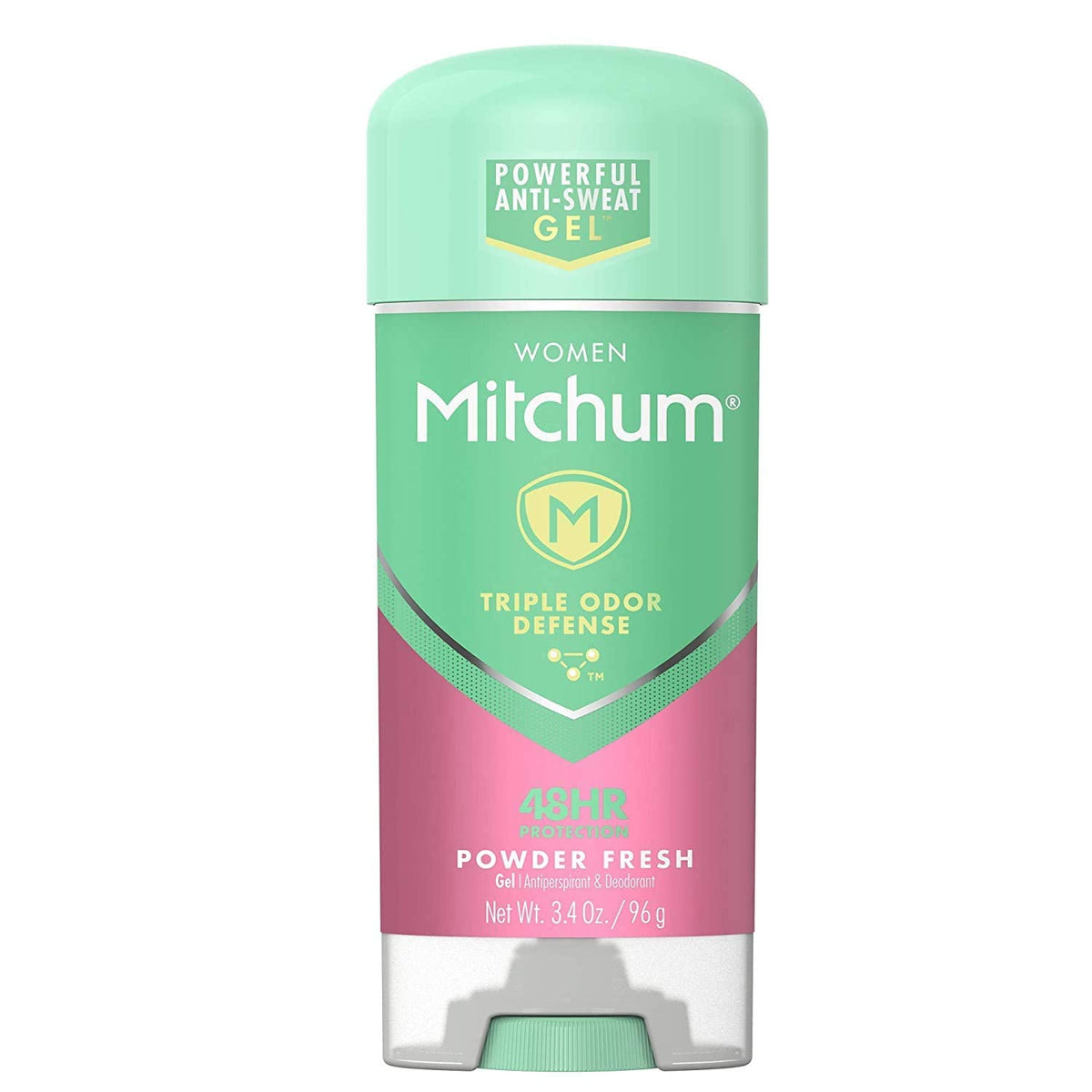 Display of Mitchum Power Gel Women four-pack with Powder Fresh scent for all-day freshness.