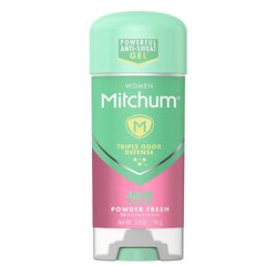 Display of Mitchum Power Gel Women four-pack with Powder Fresh scent for all-day freshness.