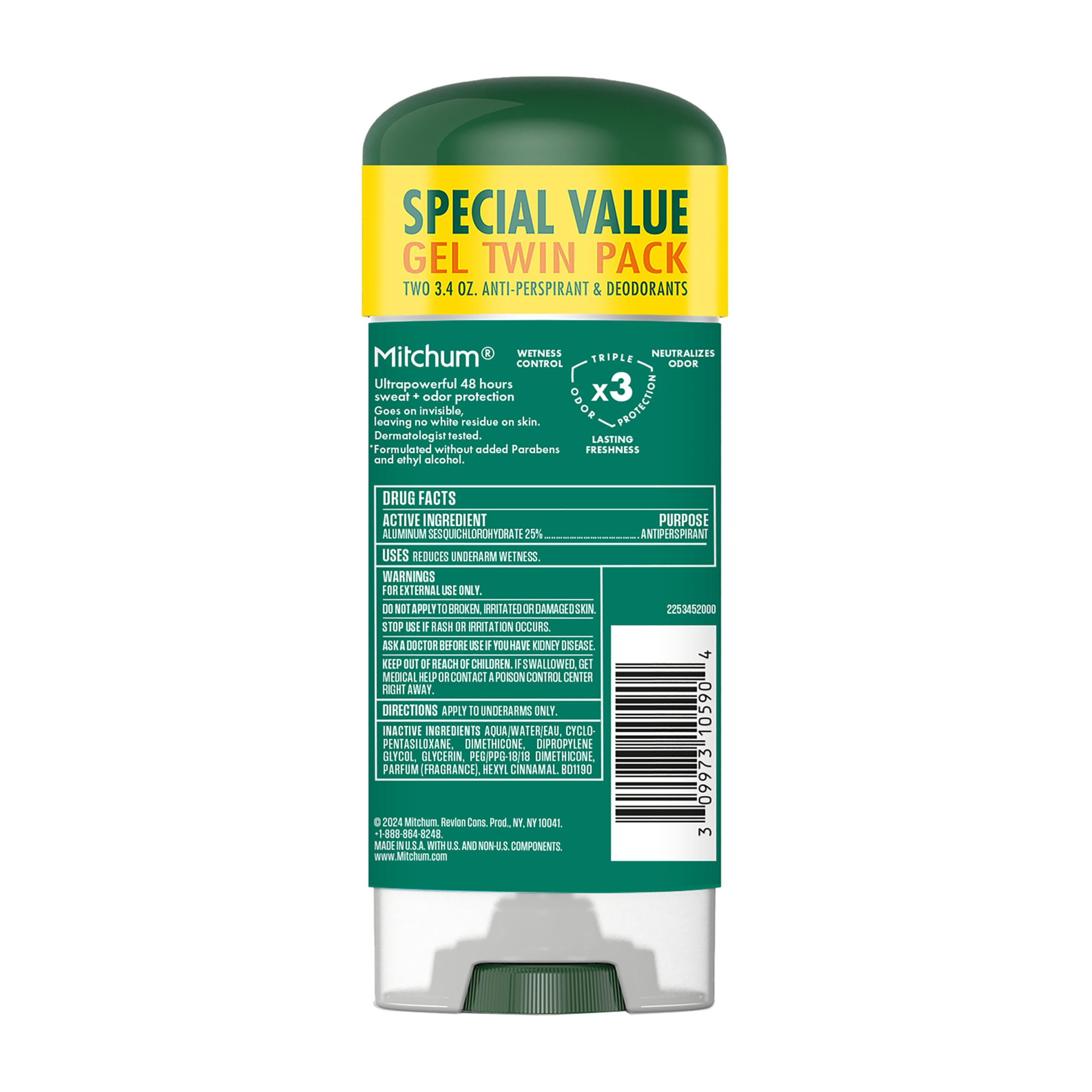 Mitchum gel maintains skin moisture while delivering long-lasting freshness.