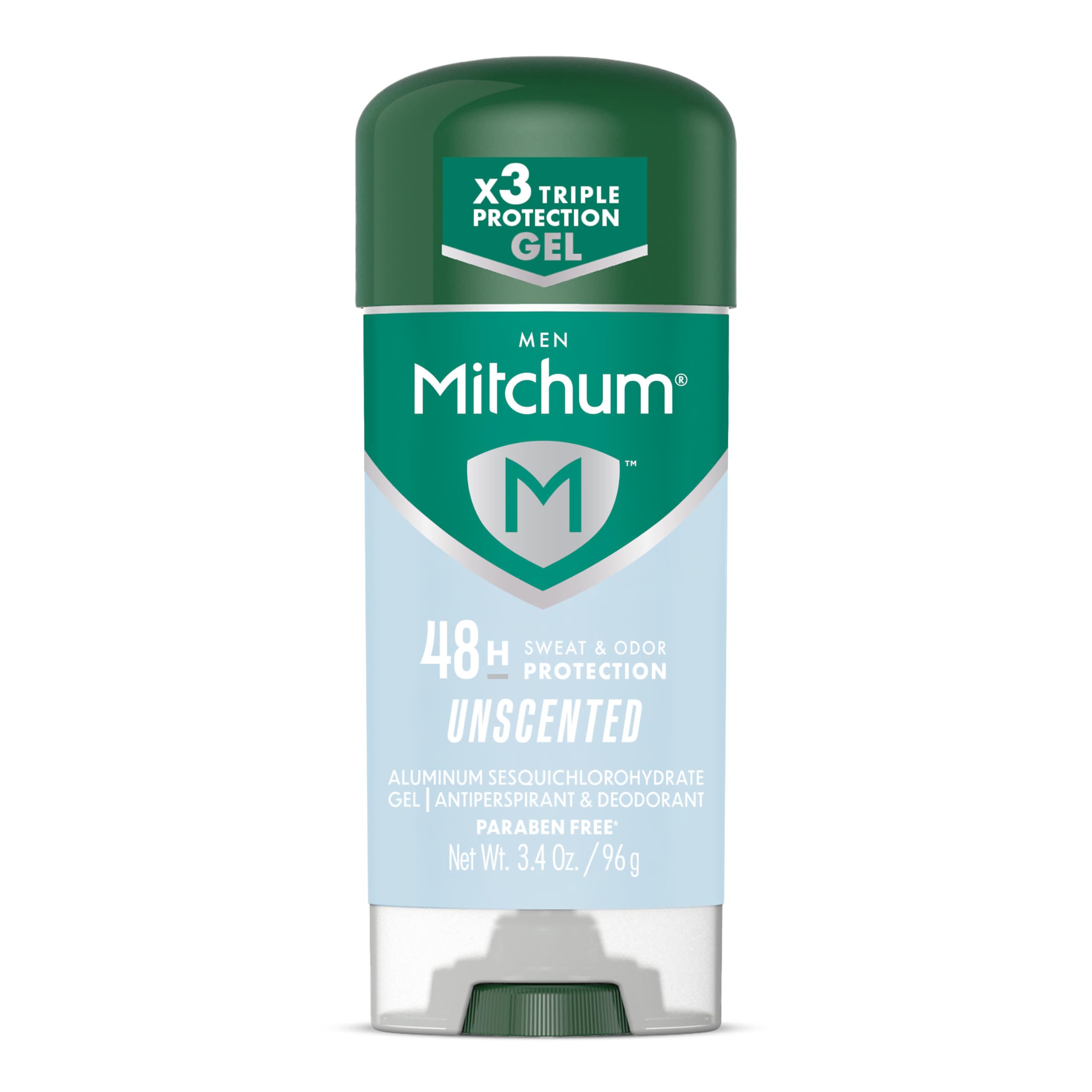 Mitchum Triple Odor Protection bottle with invisible gel finish for all-day freshness.