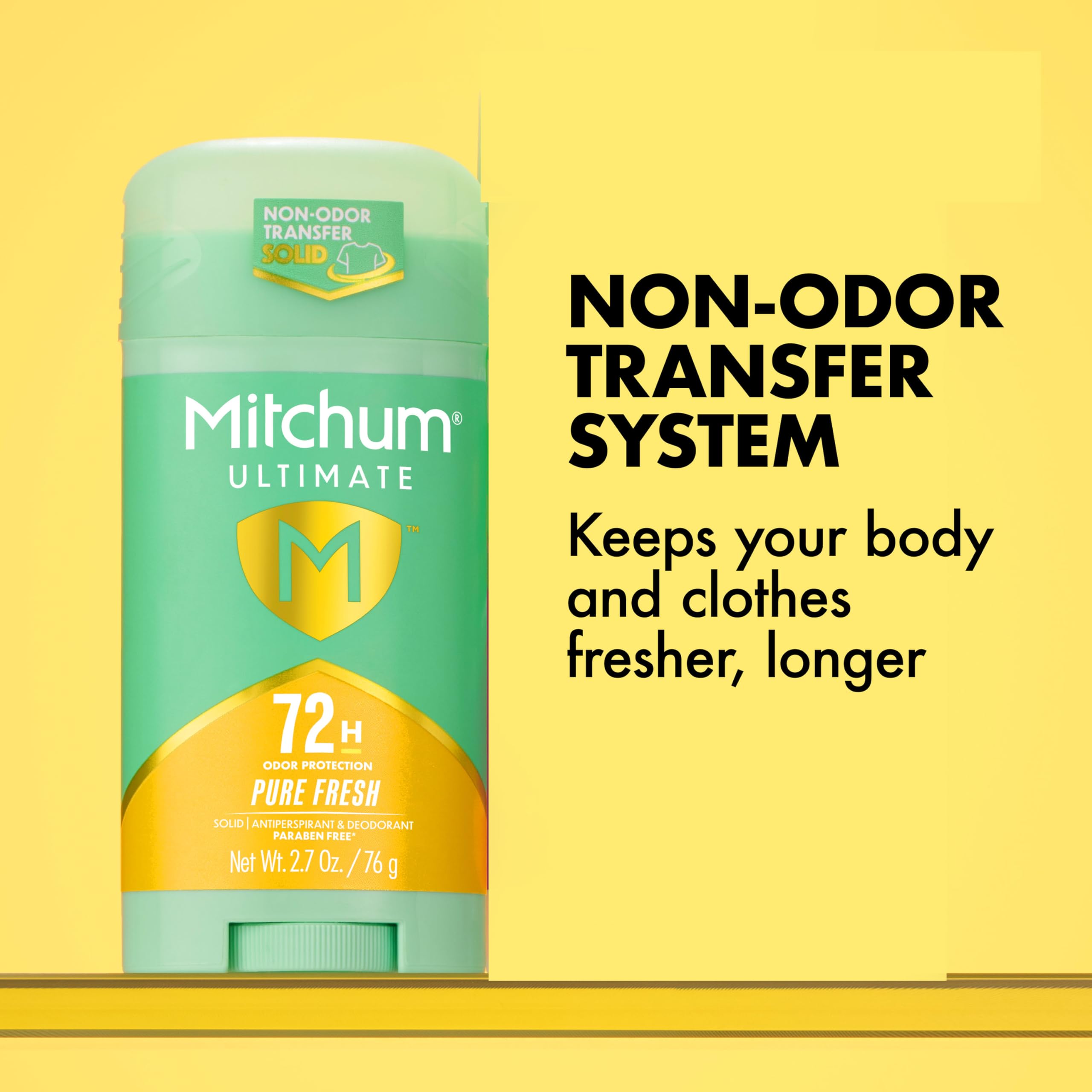 Mitchum Ultimate 72H: etiqueta lateral destaca sin parabenos y prueba dermatológica.