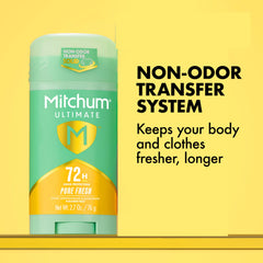 Mitchum Ultimate 72H: etiqueta lateral destaca sin parabenos y prueba dermatológica.